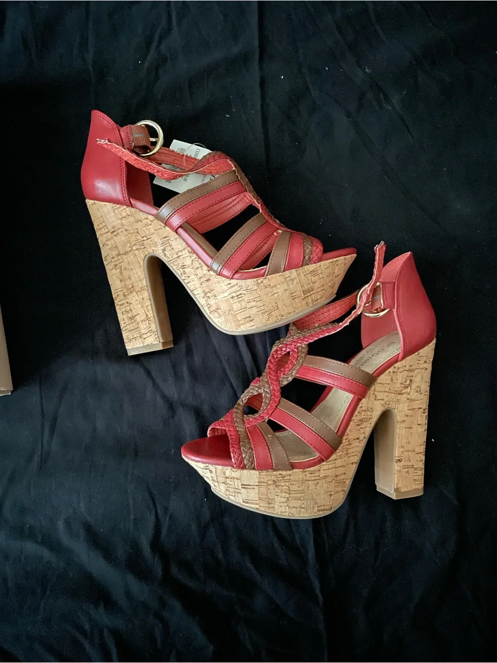 New BCBG Red and Brown Cork Platform Sandals